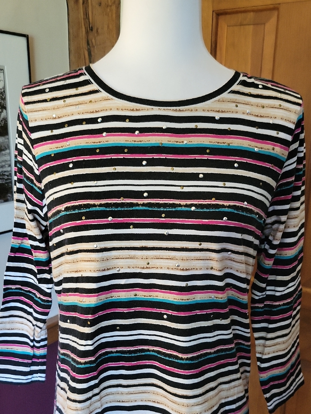 Y2K Striped Crewneck Women’s Top with Metallic Dots - Black Multi